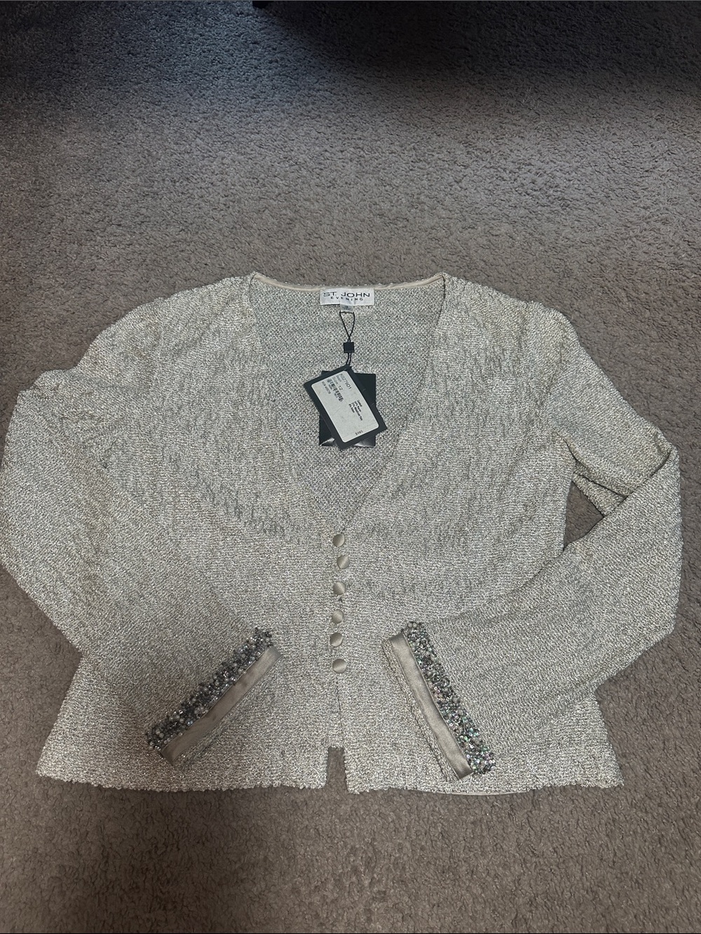 St. John Cream Bouclé V-Neck Sweater Jacket with Beaded Cuff Trim